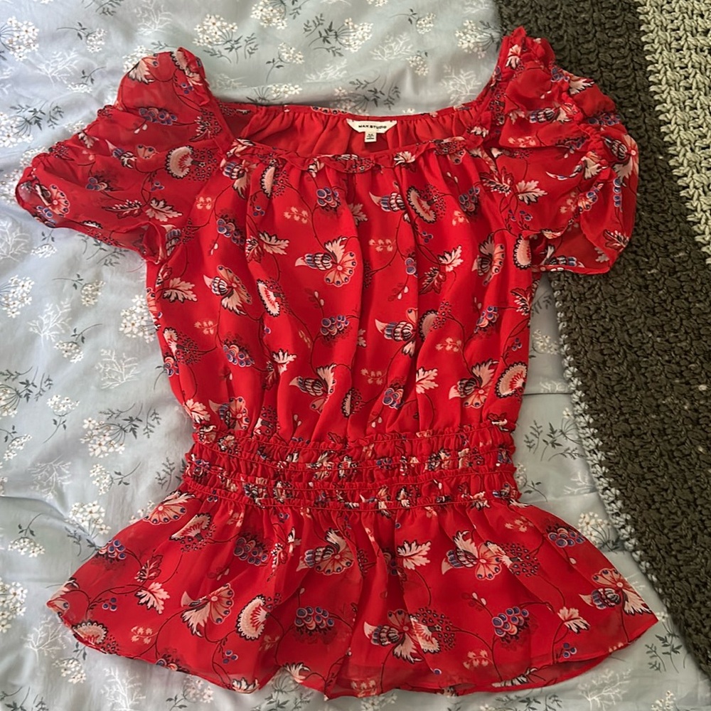 Max Studio Double Lined Red White Blue Blouse Square Neck Women’s Size Medium